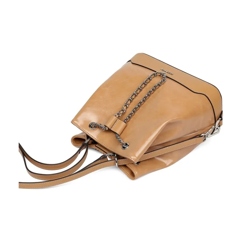 Teenmix Cow Leather Backpack Medium Size Women's Camel/Black-6
