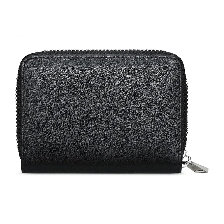 AUGTARLION Cow Leather Zip Closure Small Bag Card Holder Unisex Black-2
