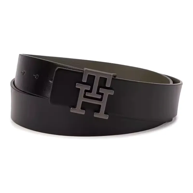 Tommy Hilfiger Letter Buckle Smooth Closure Leather Belts Men's Black Width: 3.5cm-0
