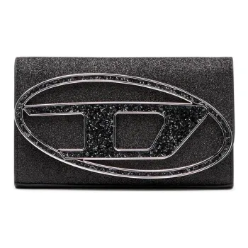 DIESEL Double Glitter Fabric With Cow Leather Patchwork Wallet Large Size Women's Black