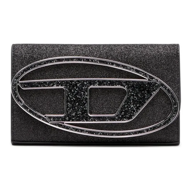 DIESEL Double Glitter Fabric With Cow Leather Patchwork Wallet Large Size Women's Black-0