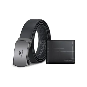 WilliamPOLO Automatic Buckle Wallet Box For Business Casual Cow Leather Leather Belts Men's Black 3.5cm Width