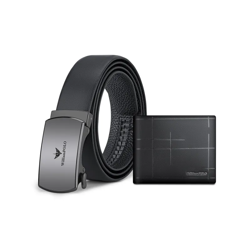 WilliamPOLO Automatic Buckle Wallet Box For Business Casual Cow Leather Leather Belts Men's Black 3.5cm Width-0