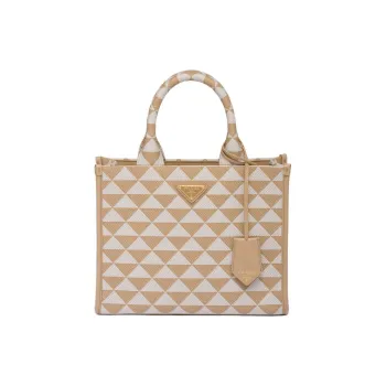 PRADA Symbole Fabric With Leather Tote Bag, Shopping Bag, Handbag Trumpets Women's Beige/White