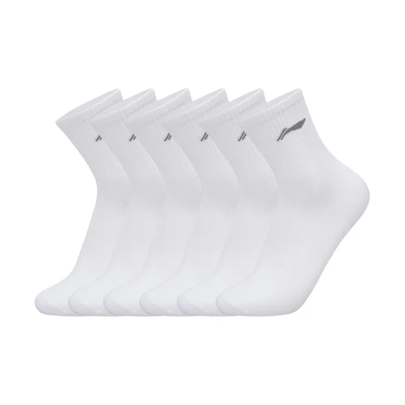 LiNing Fitness Series Mid Calf Socks Unisex 6 Pack White-0