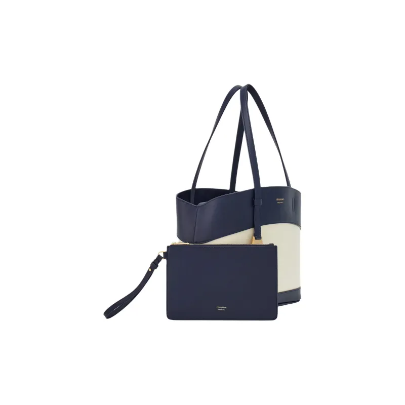 FERRAGAMO Smooth Calf Leather Tote Bag, Shopping Bag, Handbag Trumpets Women's Midnight Blue & Beige-3