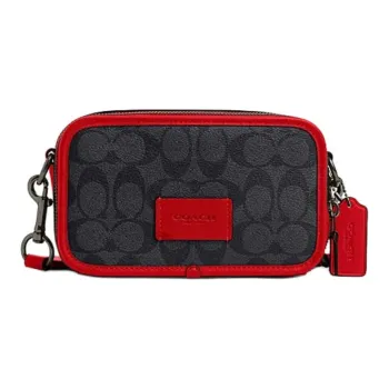 COACH Cow Leather Camera Bag Shoulder Bag Crossbody Bag Small Size Men's Charcoal Gray With Bright Red Accents