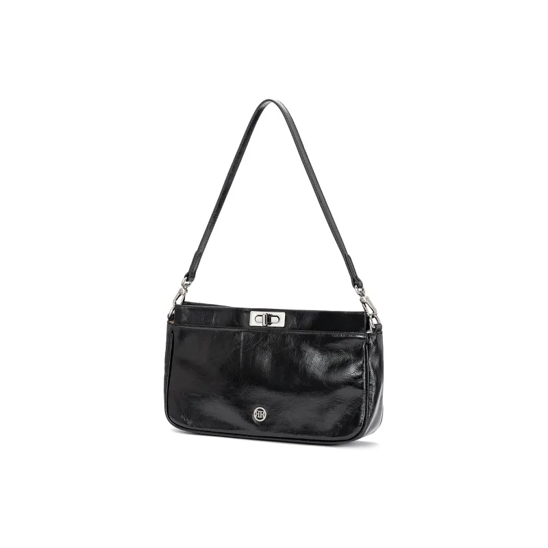 ROBERTA DI CAMERINO Oil Wax Top Grain Cow Leather Shoulder Bag Medium Size Women's Black/Coffee-1