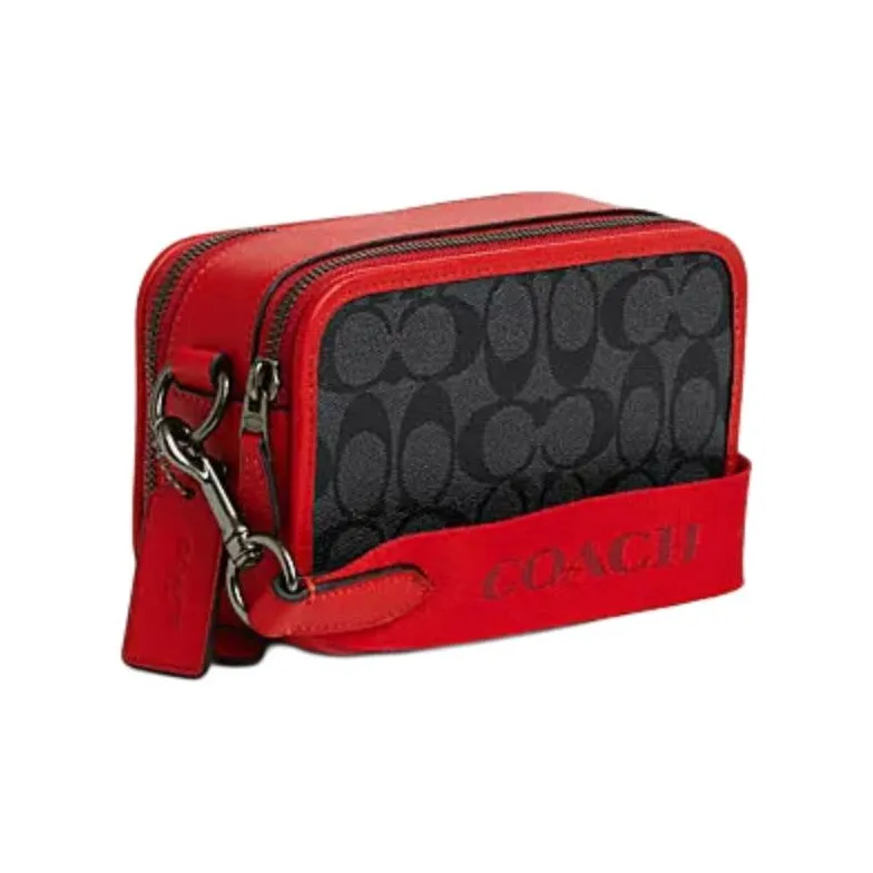 COACH Cow Leather Camera Bag Shoulder Bag Crossbody Bag Small Size Men's Charcoal Gray With Bright Red Accents-1