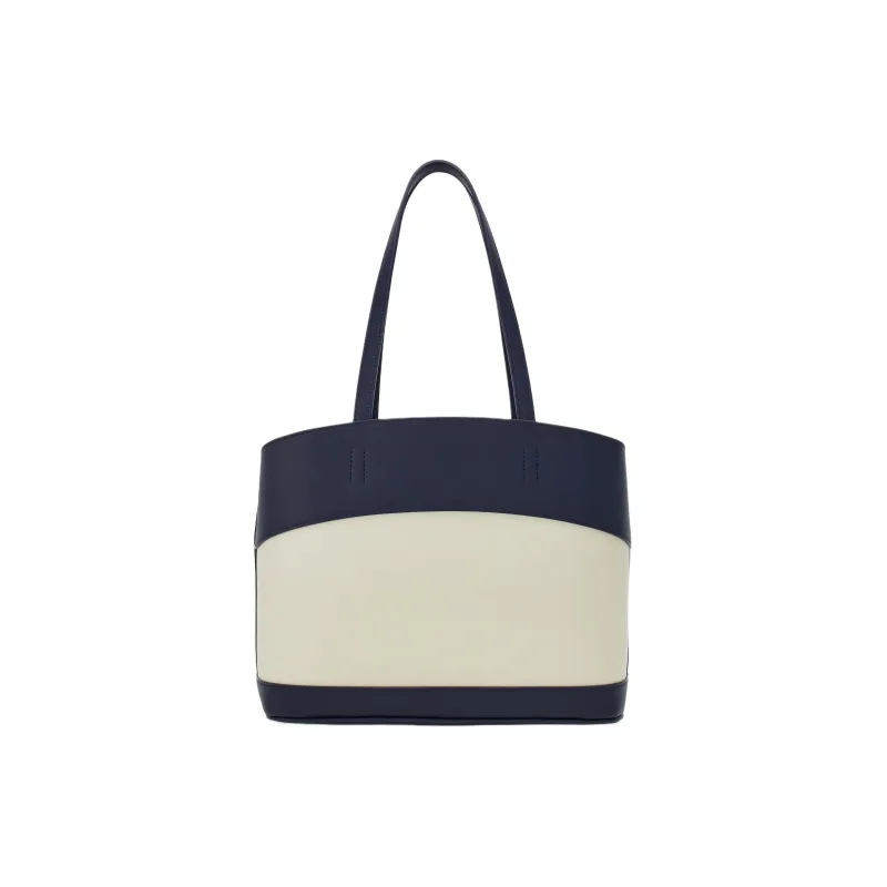 FERRAGAMO Smooth Calf Leather Tote Bag, Shopping Bag, Handbag Trumpets Women's Midnight Blue & Beige-2
