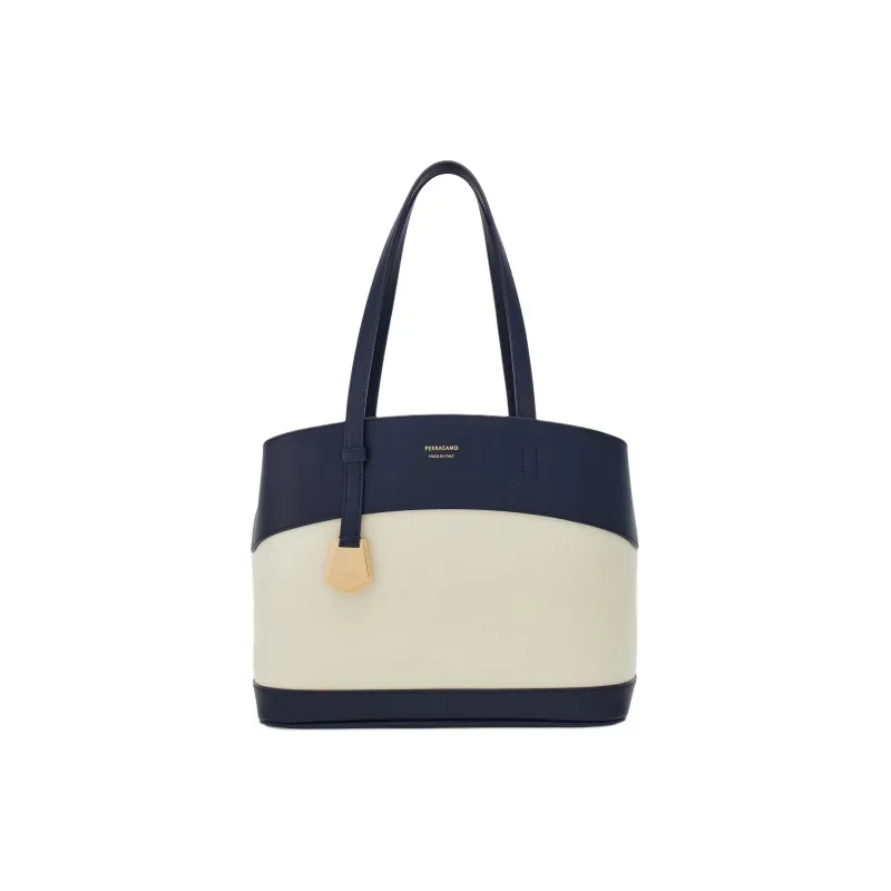 FERRAGAMO Smooth Calf Leather Tote Bag, Shopping Bag, Handbag Trumpets Women's Midnight Blue & Beige-0