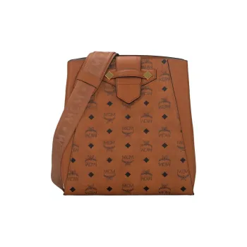MCM Essential Visetos Origina Leather Bucket Bag, Shoulder Bag, Crossbody Bag Small Size Women's Cognac