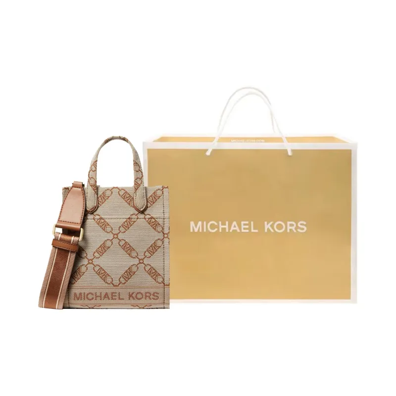 MICHAEL KORS Gigi Fabric Tote Bag, Shopping Bag, Handbag, Shoulder Bag, Crossbody Bag Women's Beige Yellow & Brown-5