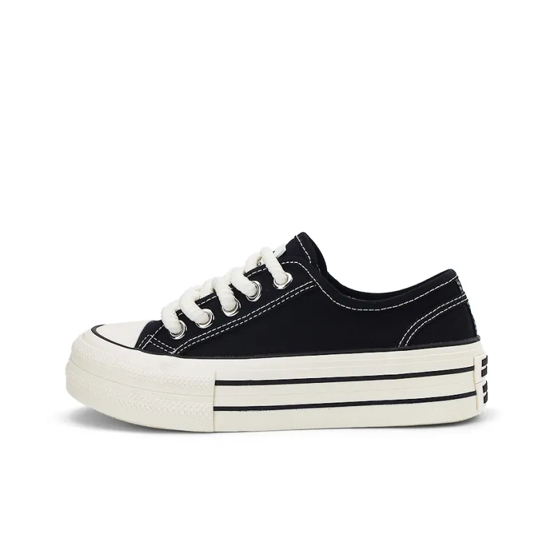 Warrior Trendy Casual Shoes Wear-Resistant Lightweight Height Increasing Low-Top Canvas Shoes Women's Black-0