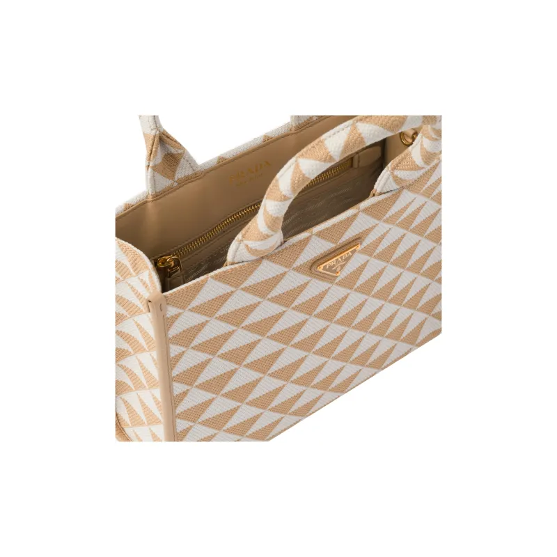 PRADA Symbole Fabric With Leather Tote Bag, Shopping Bag, Handbag Trumpets Women's Beige/White-4