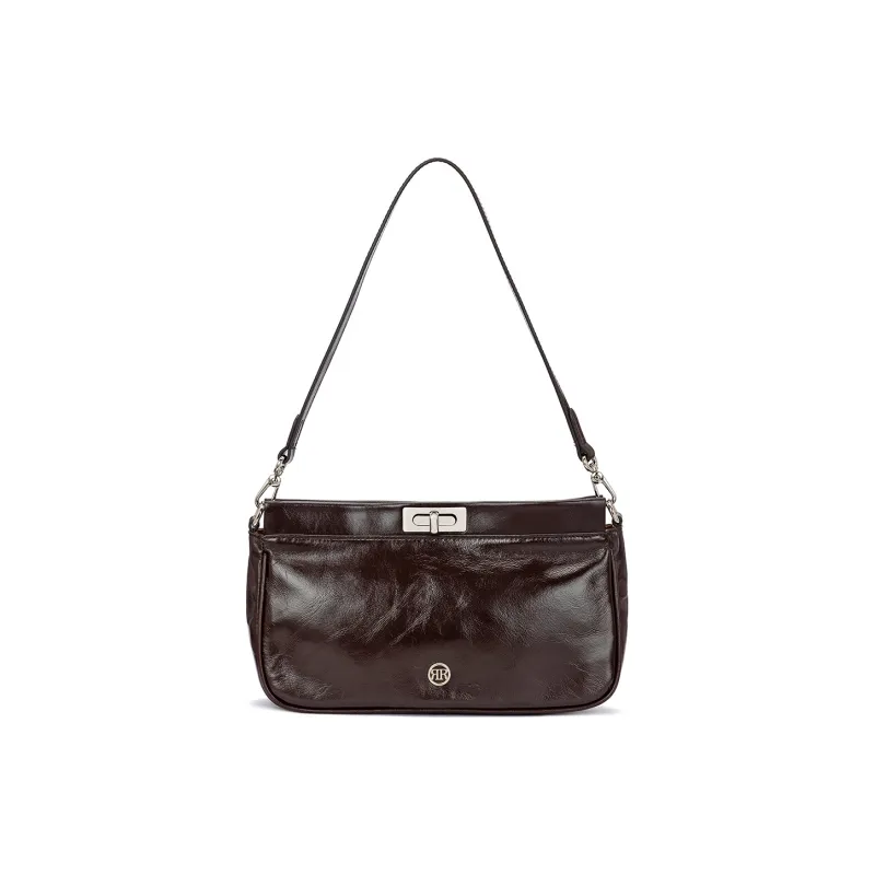 ROBERTA DI CAMERINO Oil Wax Top Grain Cow Leather Shoulder Bag Medium Size Women's Black/Coffee-6
