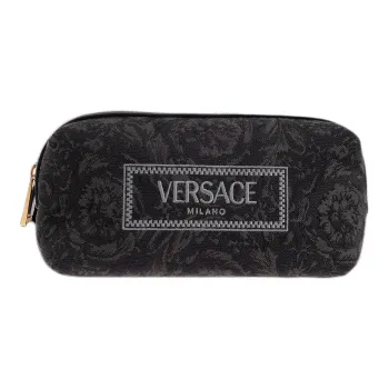 VERSACE Calfskin Toiletry Bag Makeup Bag Women's Black & Gray