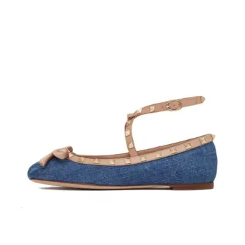 Valentino Garavani Rockstud Round Toe Denim Ballerina Shoes Women's