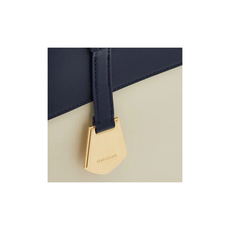 FERRAGAMO Smooth Calf Leather Tote Bag, Shopping Bag, Handbag Trumpets Women's Midnight Blue & Beige-5
