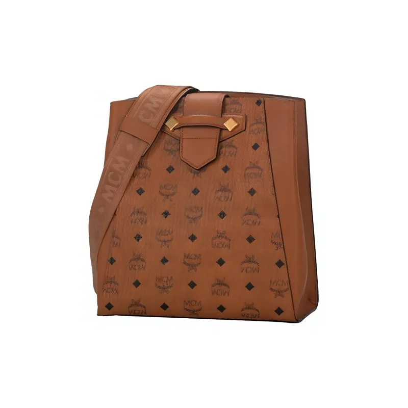 MCM Essential Visetos Origina Leather Bucket Bag, Shoulder Bag, Crossbody Bag Small Size Women's Cognac-1