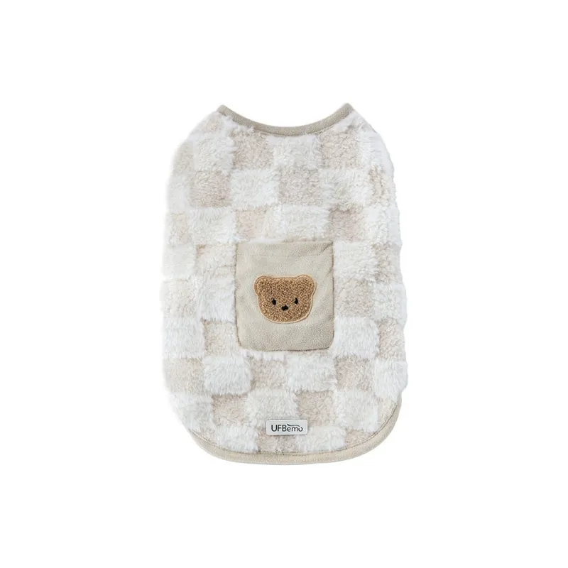 UFBemo Pet Costume, Patch Pocket Checkerboard Plush Vest Beige-0