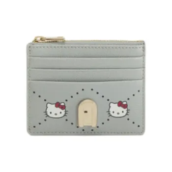 Furla Hello Kitty Collaboration 1927 Collection Leather Card Holder Small Size Women's Gray Blue
