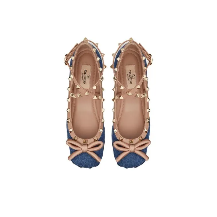 Valentino Garavani Rockstud Round Toe Denim Ballerina Shoes Women's-2