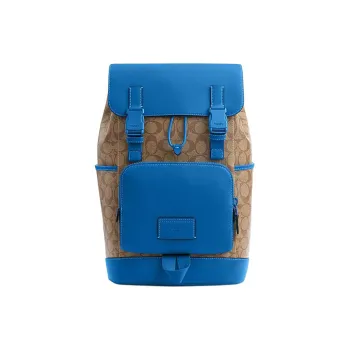 COACH Track Cow Leather Backpack Large Size Men's Khaki Bright Blue
