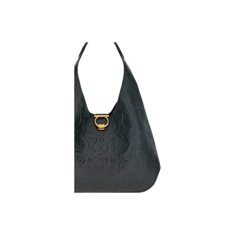 FERRAGAMO GANCINI Calfskin Handbag, Shoulder Bag Women's Black-4
