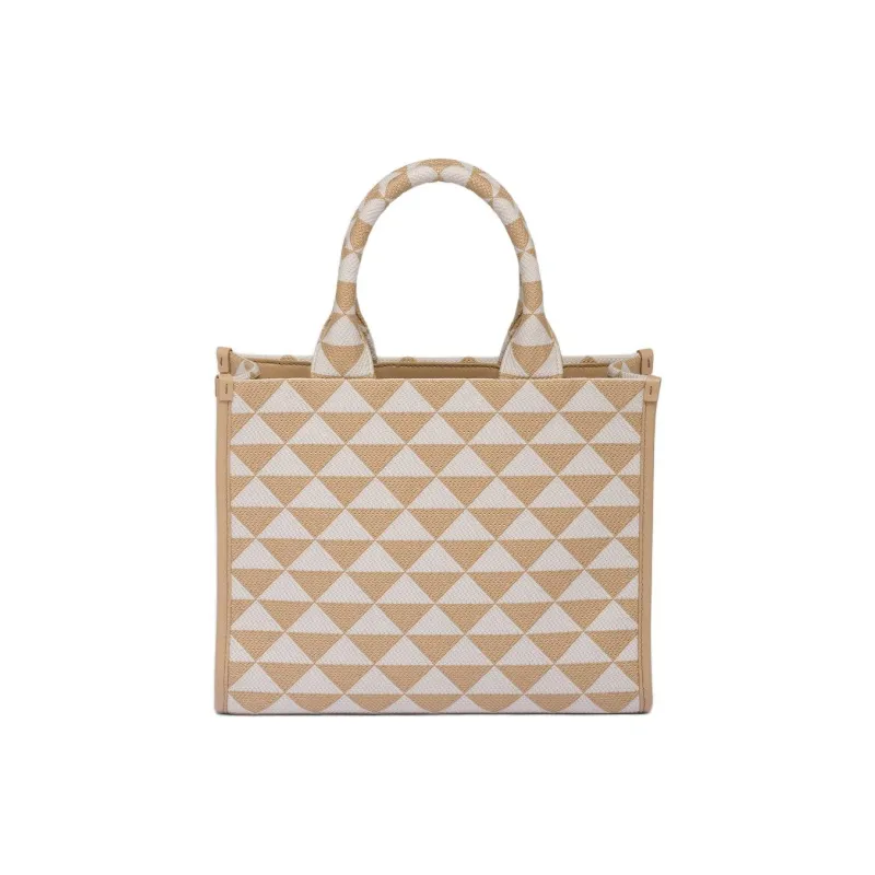 PRADA Symbole Fabric With Leather Tote Bag, Shopping Bag, Handbag Trumpets Women's Beige/White-1