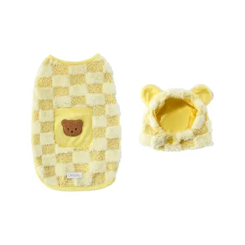 UFBemo Pet Costume, Patch Pocket Checkerboard Plush Vest Yellow With Head Cover