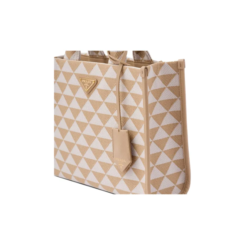 PRADA Symbole Fabric With Leather Tote Bag, Shopping Bag, Handbag Trumpets Women's Beige/White-3