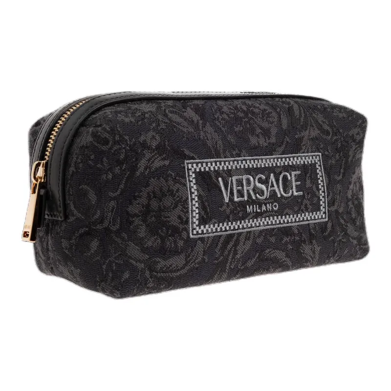 VERSACE Calfskin Toiletry Bag Makeup Bag Women's Black & Gray-1
