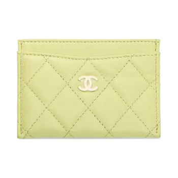 CHANEL Lambskin Card Holder Women's Yellow Green