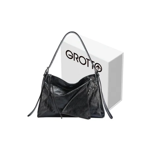 GROTTO Cow Leather Lapel Shoulder Bag Gift Box Set Large Size Unisex Black