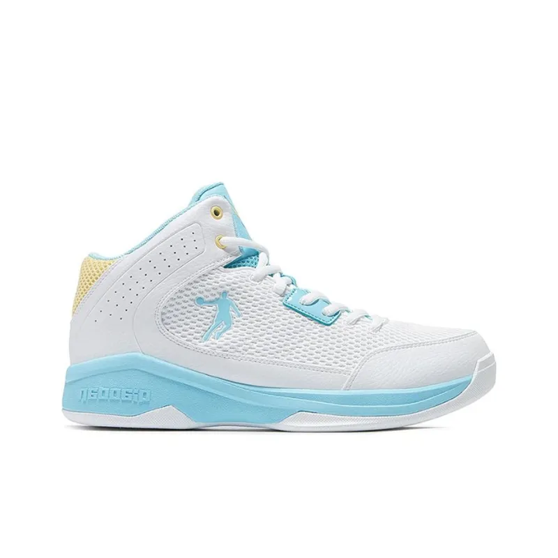QIAODAN Cushioned Slip Resistant Coverage High Top Basketball Shoes Men's White Blue Yellow-1