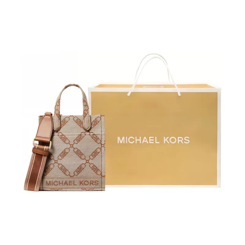 MICHAEL KORS Gigi Fabric Tote Bag, Shopping Bag, Handbag, Shoulder Bag, Crossbody Bag Women's Beige Yellow & Brown-3