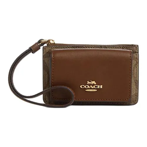 COACH Card Case PVC With Cow Split Leather Card Holder Women's Khaki & Saddle Brown