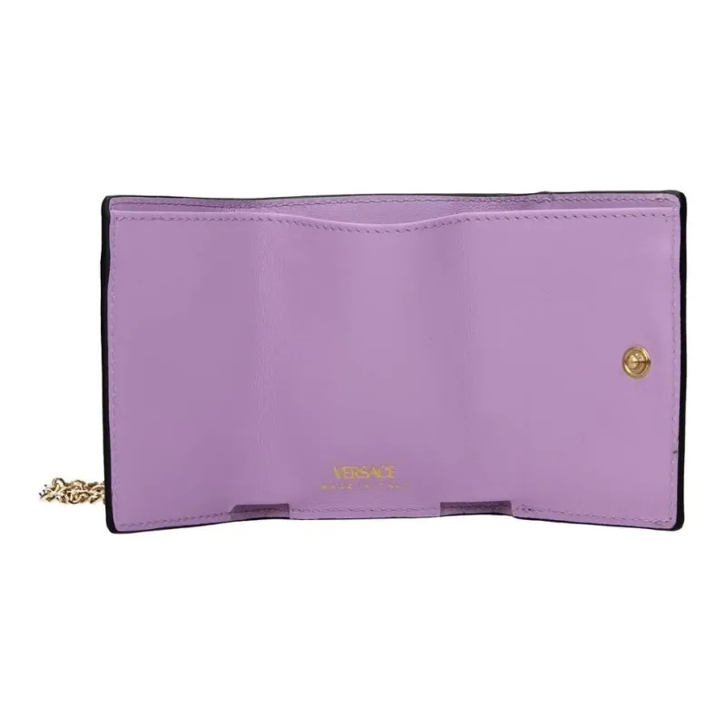 VERSACE La Medusa Leather Card Holder Wallet Women's Blue With Bright Green Accents-1