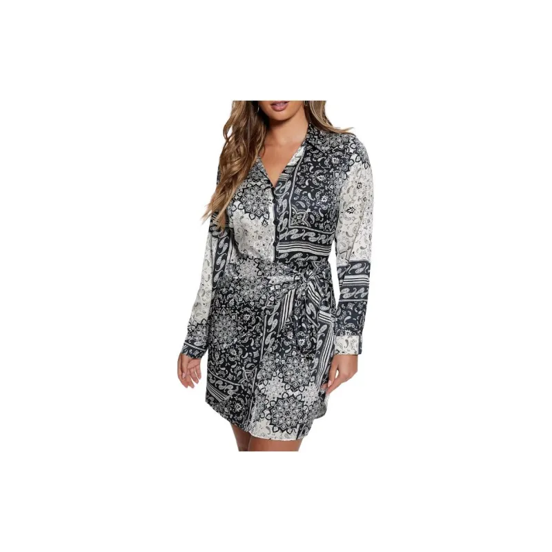 GUESS Eco Alya Printed Dress Long-Sleeved Dresses Women's Black White-1