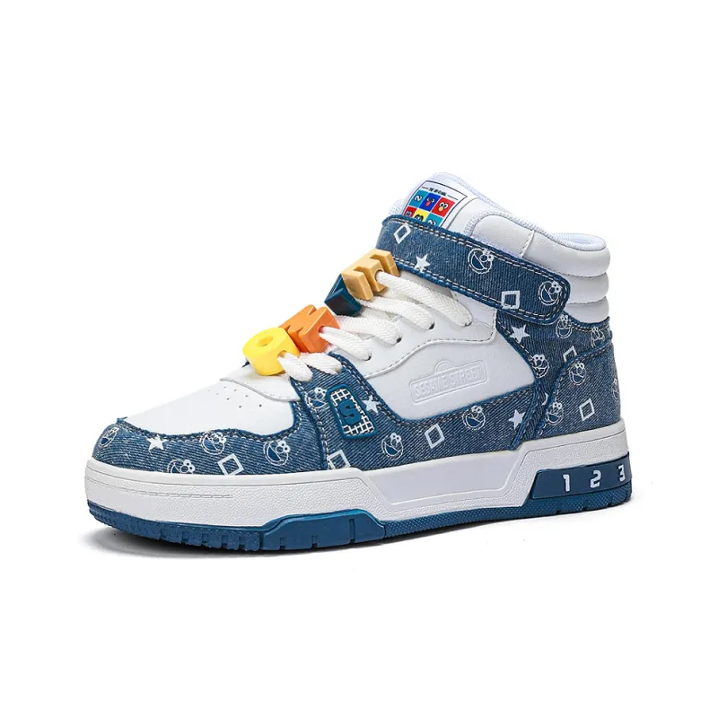 SESAME STREET Skateboard Shoes Unisex High Top Black & White/Denim Blue/Beige Apricot/Black-16