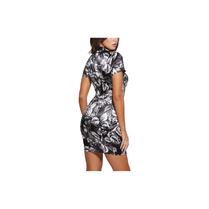 GUESS Sandra Printed Satin Dress Short-Sleeved Dresses Women's Black-1