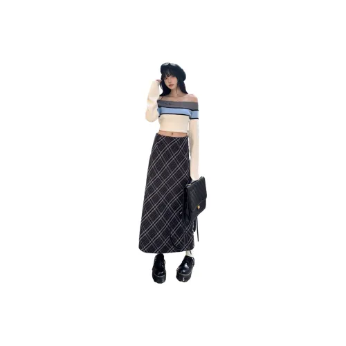 V.W.U Casual Long Skirts Women's Checkered