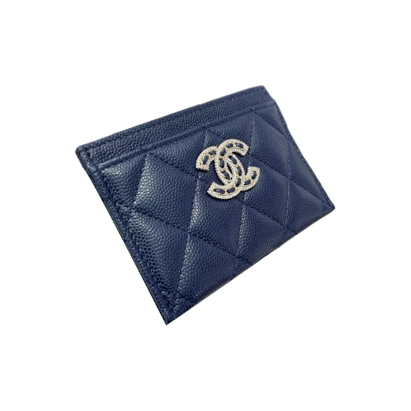 CHANEL Grain Embossed Caviar Cow Leather Card Holder Women's Blue-1