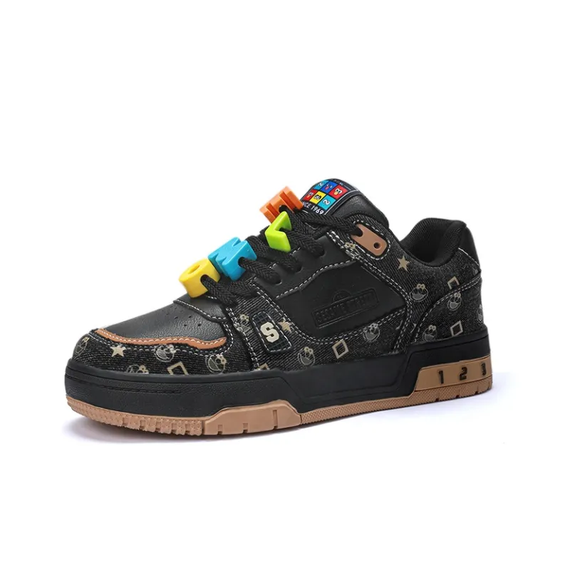 SESAME STREET Skateboard Shoes Unisex Low Top Black & White/Denim Blue/Beige Apricot/Black-1