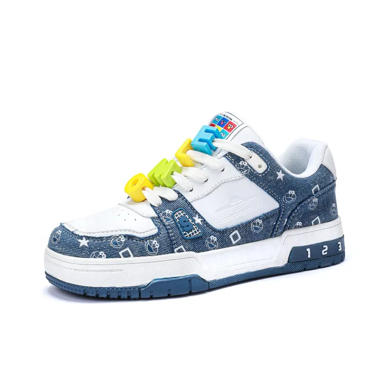 SESAME STREET Skateboard Shoes Unisex Low Top Black & White/Denim Blue/Beige Apricot/Black-16