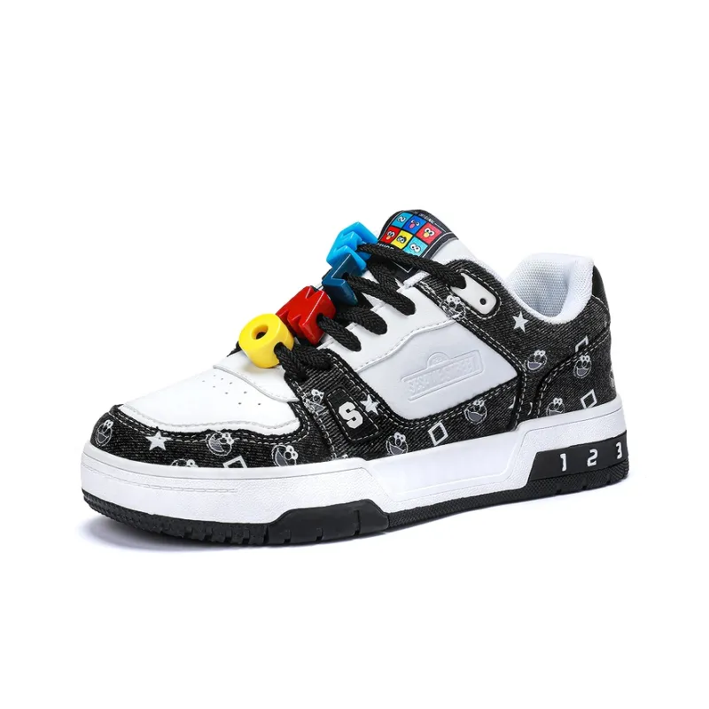 SESAME STREET Skateboard Shoes Unisex Low Top Black & White/Denim Blue/Beige Apricot/Black-9