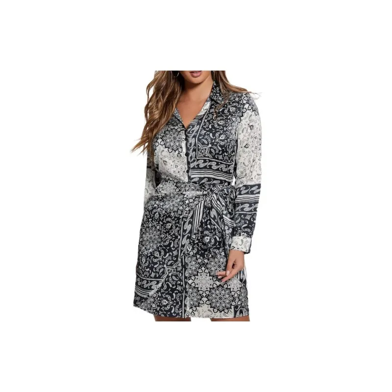 GUESS Eco Alya Printed Dress Long-Sleeved Dresses Women's Black White-3