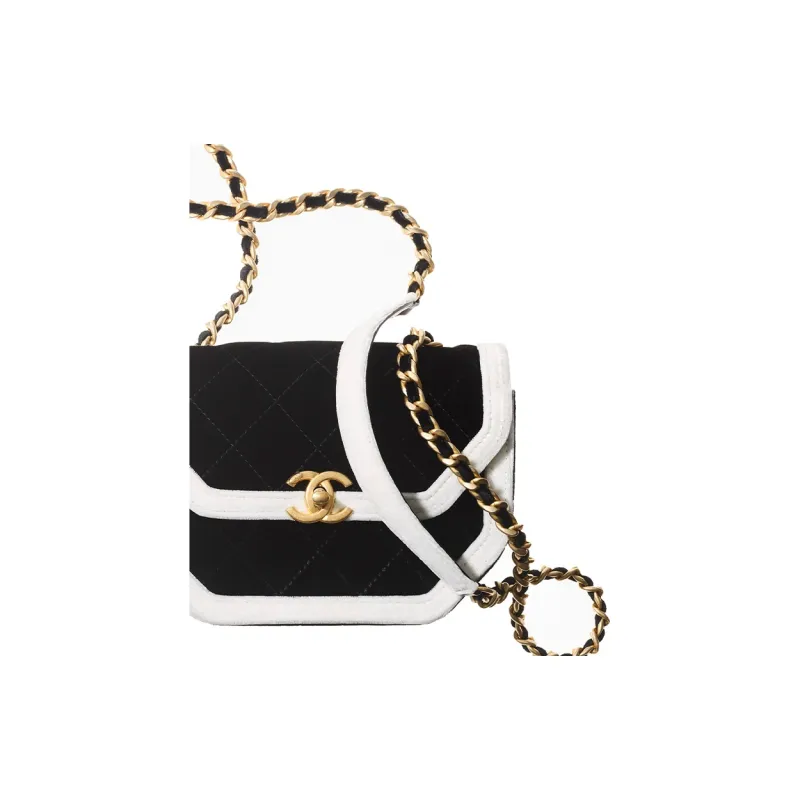 CHANEL 21K Winter Velour Flap Bag, Shoulder Bag, Crossbody Bag Mini Women's Black/White-4