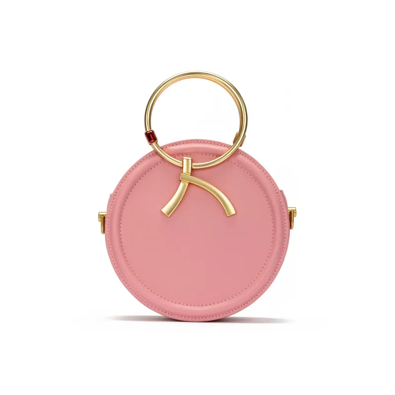 ROBERTA DI CAMERINO Cow Leather Small Round Bag, One Shoulder Handbag Medium Size Women's Ecru/Rose Red-5